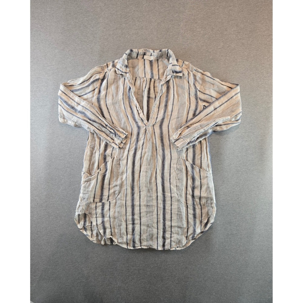 CP Shades Teton Tunic Dress Womens S Navy Cream Striped Linen V-Neck Coastal